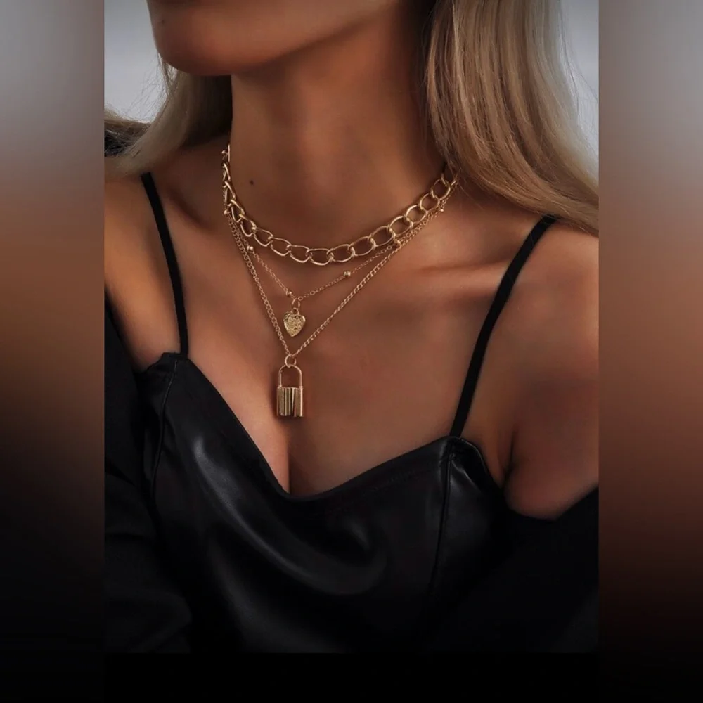 Gold Tone Lock Layered Necklace
